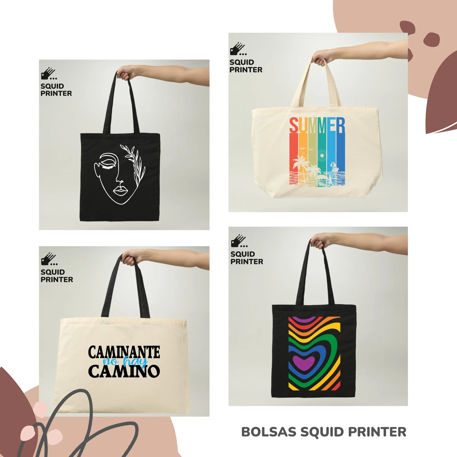 Bolsas personalizadas Squid Printer, collage de diseños