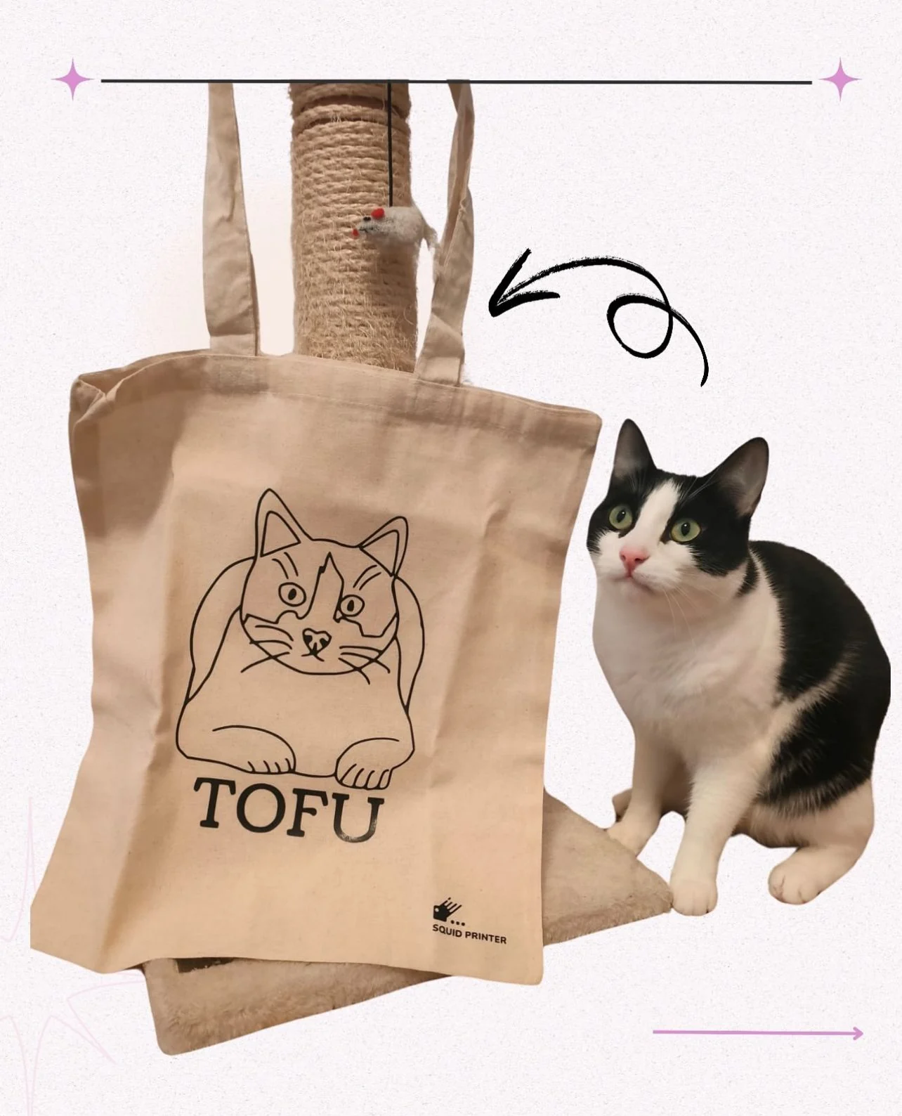 Bolsa personalizada con mascota: gato Tofu ilustrado